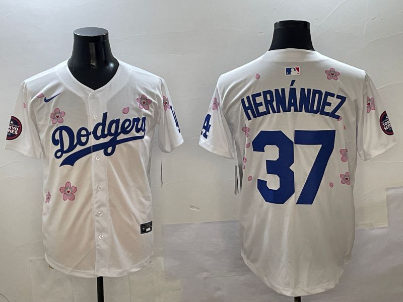 Men Los Angeles Dodgers #37 Hernandez White Sakura Edition 2025 Nike MLB Jersey style 1